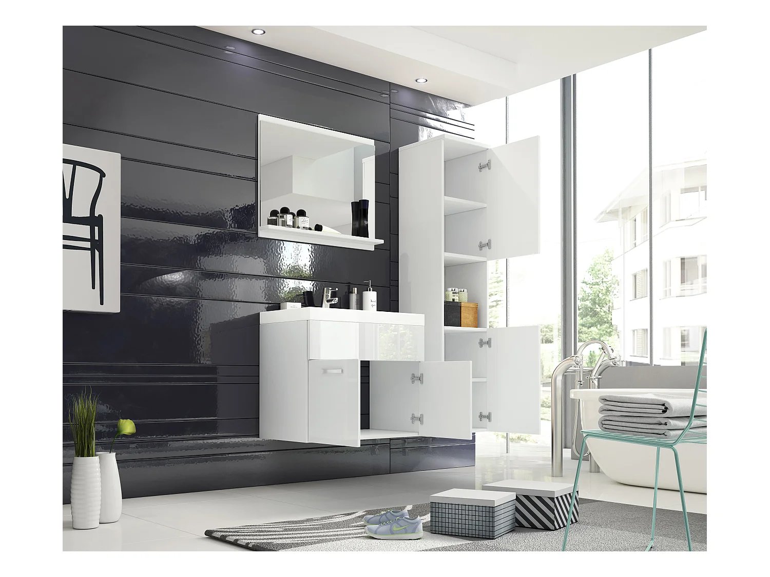 Ensemble de salle de bain suspendu avec lavabo, miroir et colonne, caisson blanc mat façades blanc brillant