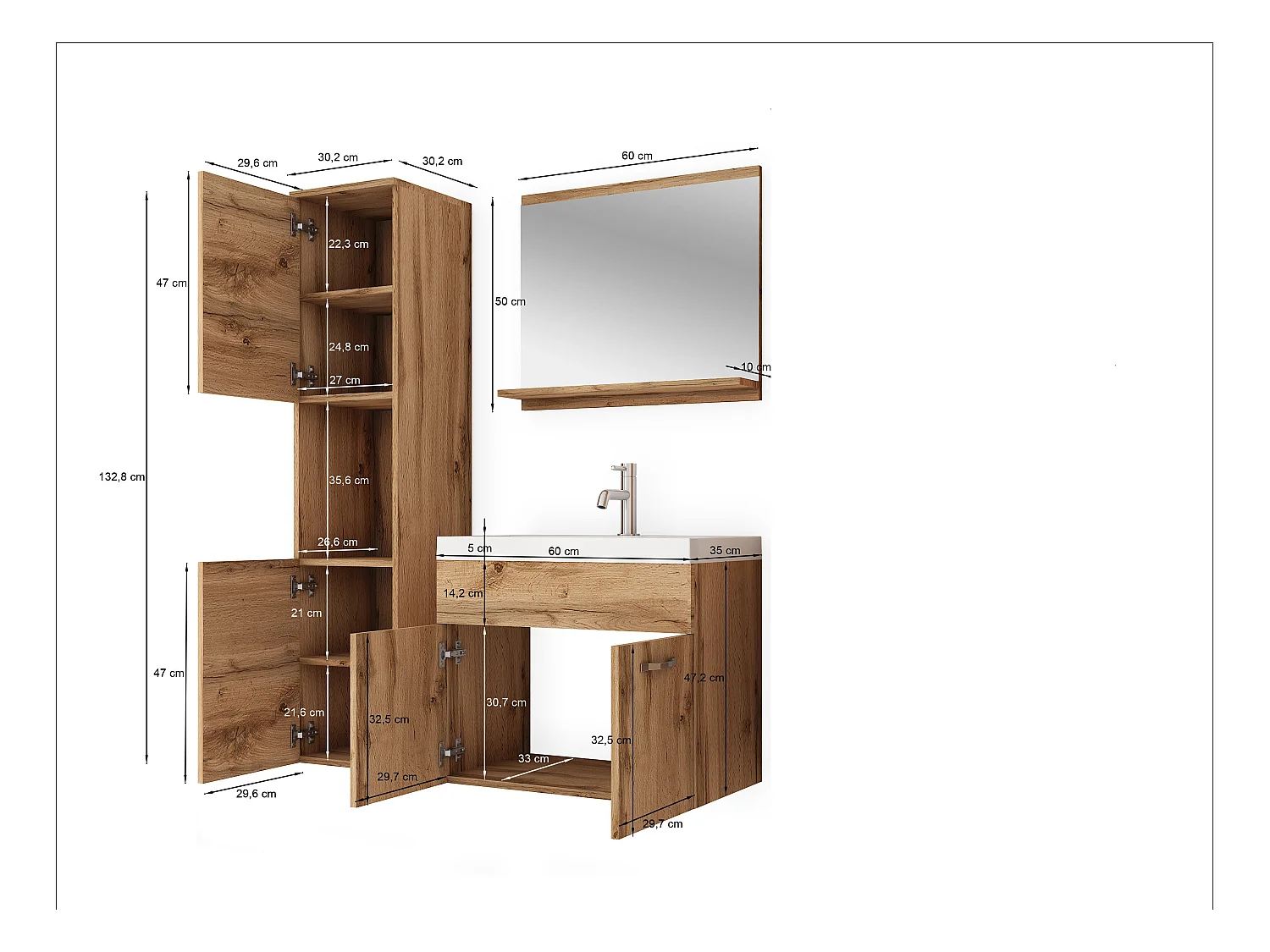 Ensemble de salle de bain suspendu avec lavabo, miroir et colonne, caisson blanc mat façades blanc brillant