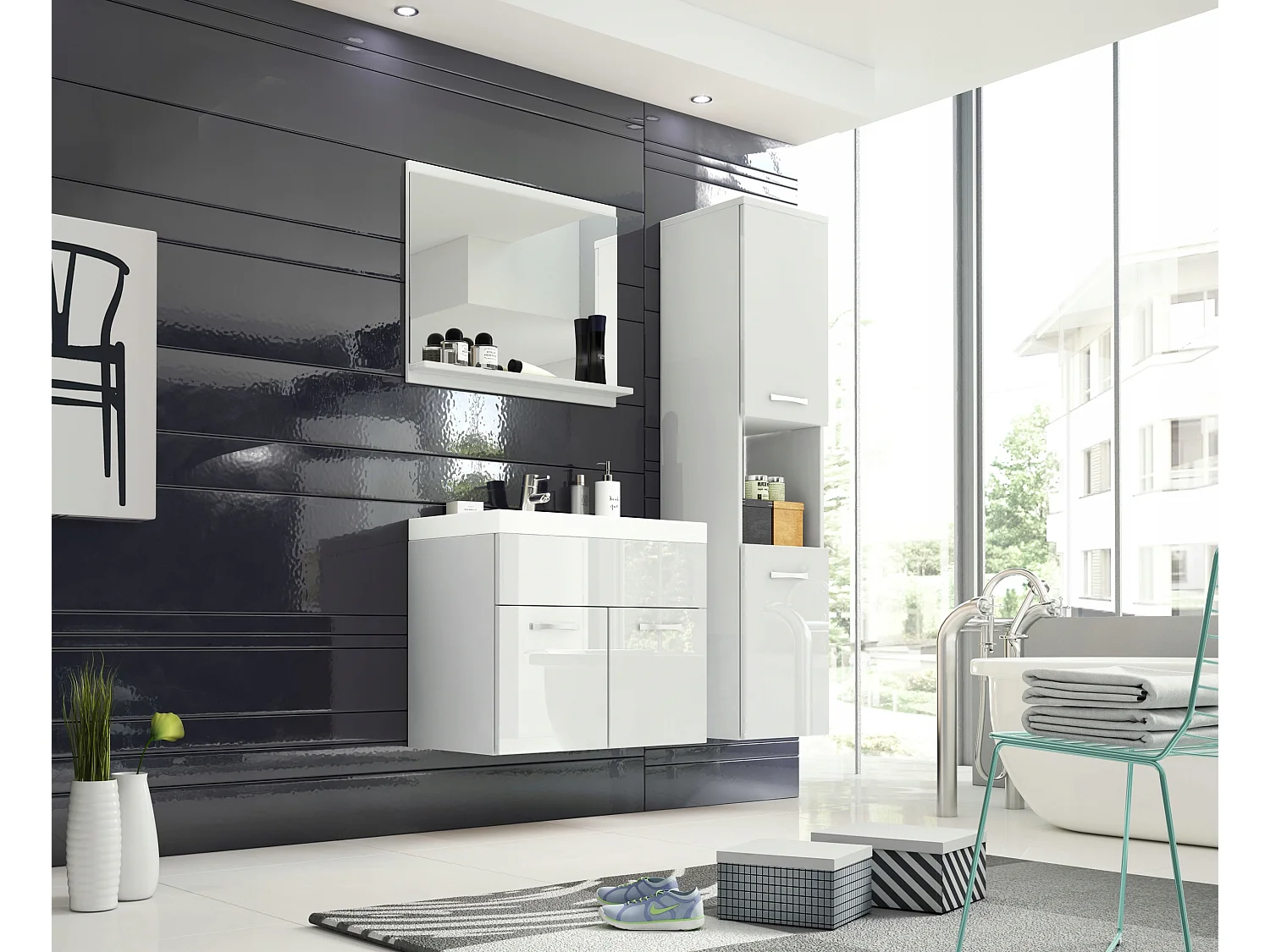 Ensemble de salle de bain suspendu avec lavabo, miroir et colonne, caisson blanc mat façades blanc brillant