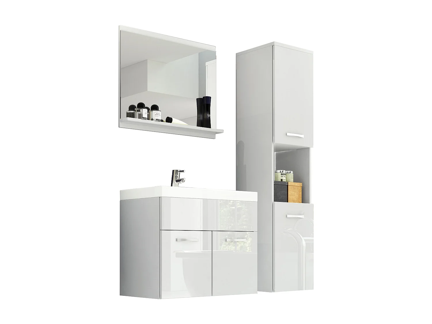 Ensemble de salle de bain suspendu avec lavabo, miroir et colonne, caisson blanc mat façades blanc brillant