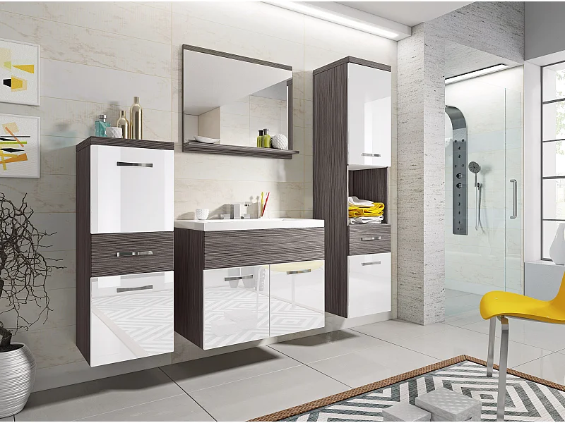 Nowoczesne meble łazienkowe, wiszący zestaw z umywalką, lustrem i słupkami, korpus bodega mat / fronty biały połysk