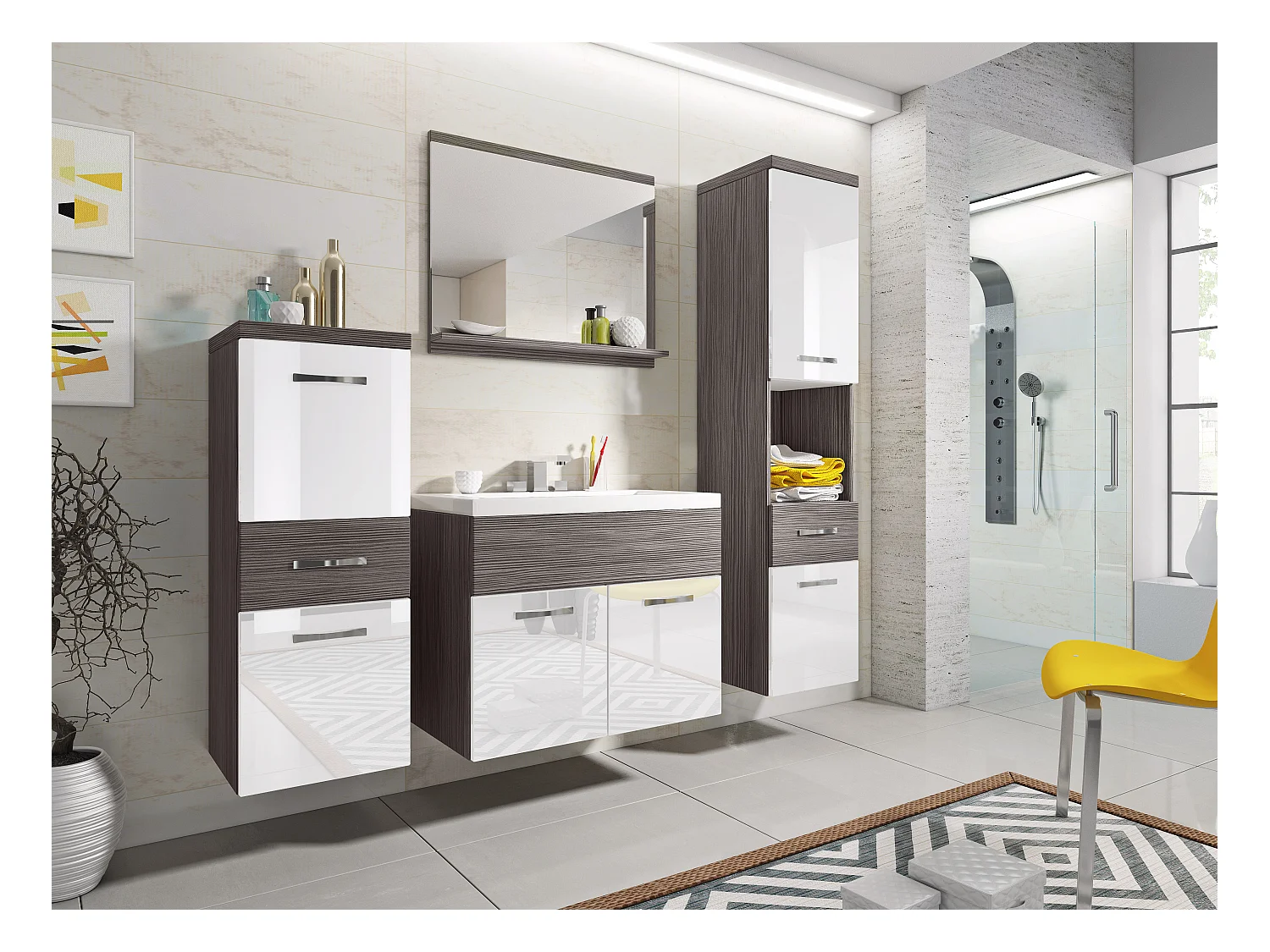 Nowoczesne meble łazienkowe, wiszący zestaw z umywalką, lustrem i słupkami, korpus bodega mat / fronty biały połysk