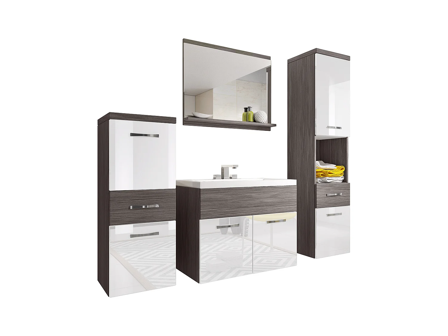 Nowoczesne meble łazienkowe, wiszący zestaw z umywalką, lustrem i słupkami, korpus bodega mat / fronty biały połysk