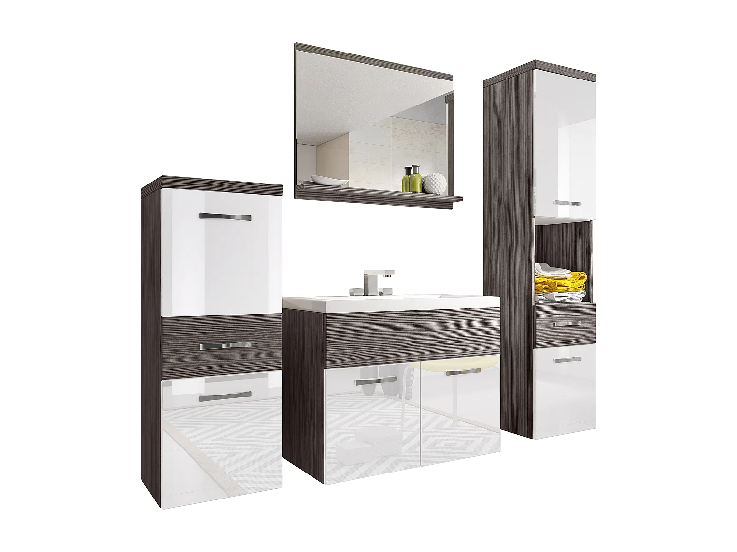 Nowoczesne meble łazienkowe, wiszący zestaw z umywalką, lustrem i słupkami, korpus bodega mat / fronty biały połysk