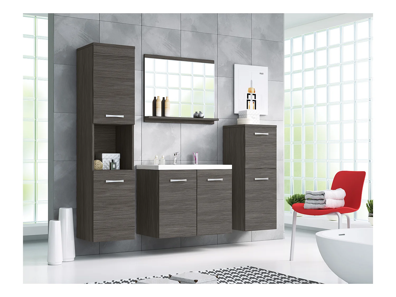 Badkamermeubel, hangende set met wastafel, spiegel en 2 kolomkasten, bodega mat