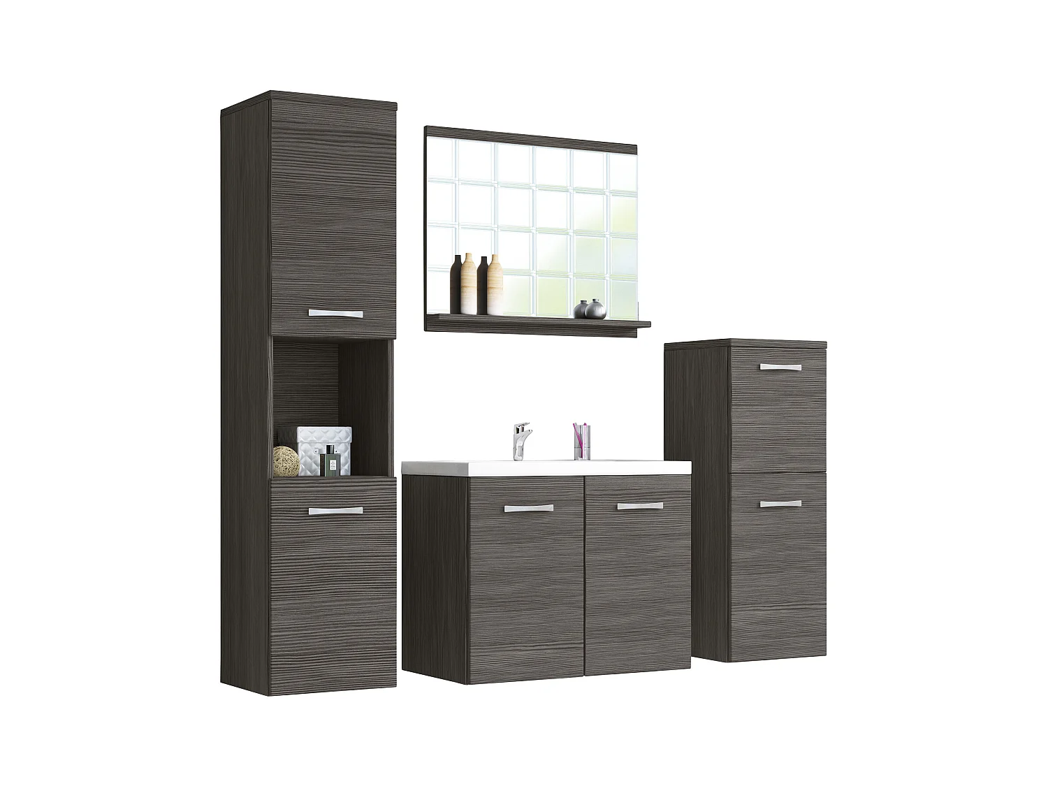 Badkamermeubel, hangende set met wastafel, spiegel en 2 kolomkasten, bodega mat