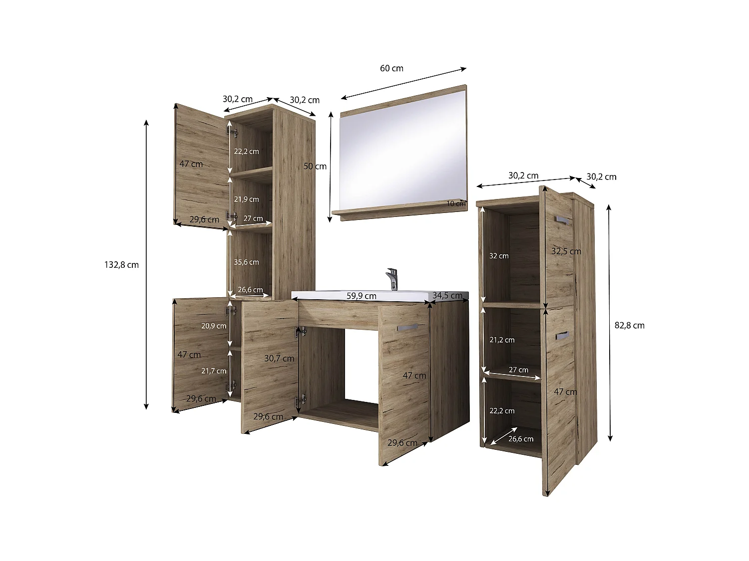 Badkamermeubel, hangende set met wastafel, spiegel en 2 kolomkasten, bodega mat