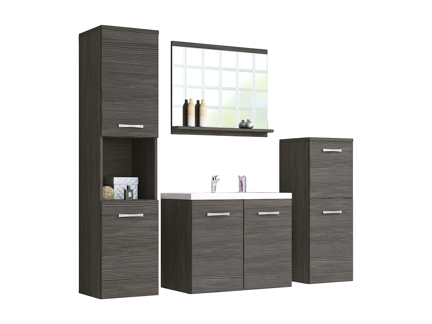 Meubles de salle de bain, ensemble suspendu avec lavabo, miroir et 2 colonnes, bodega mat