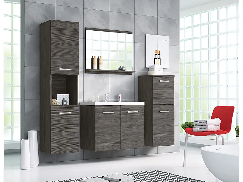 Meubles de salle de bain, ensemble suspendu avec lavabo, miroir et 2 colonnes, bodega mat