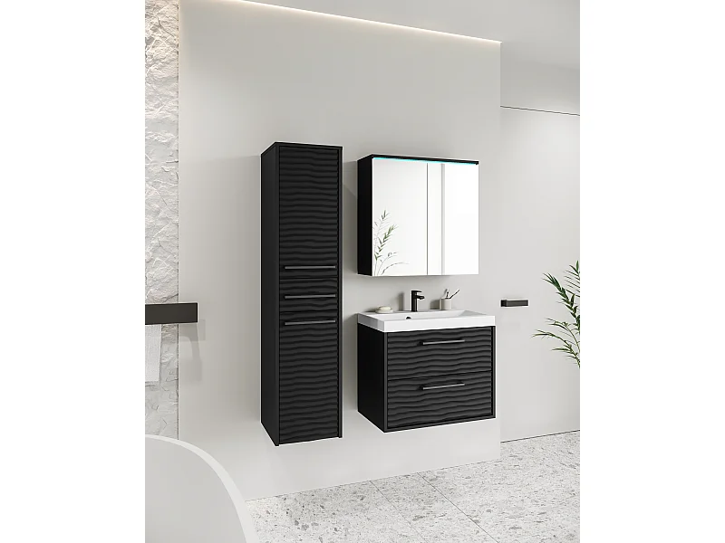 Meubles de salle de bain modernes, ensemble suspendu avec lavabo, miroir et colonne, façades MDF ondulées, noir mat