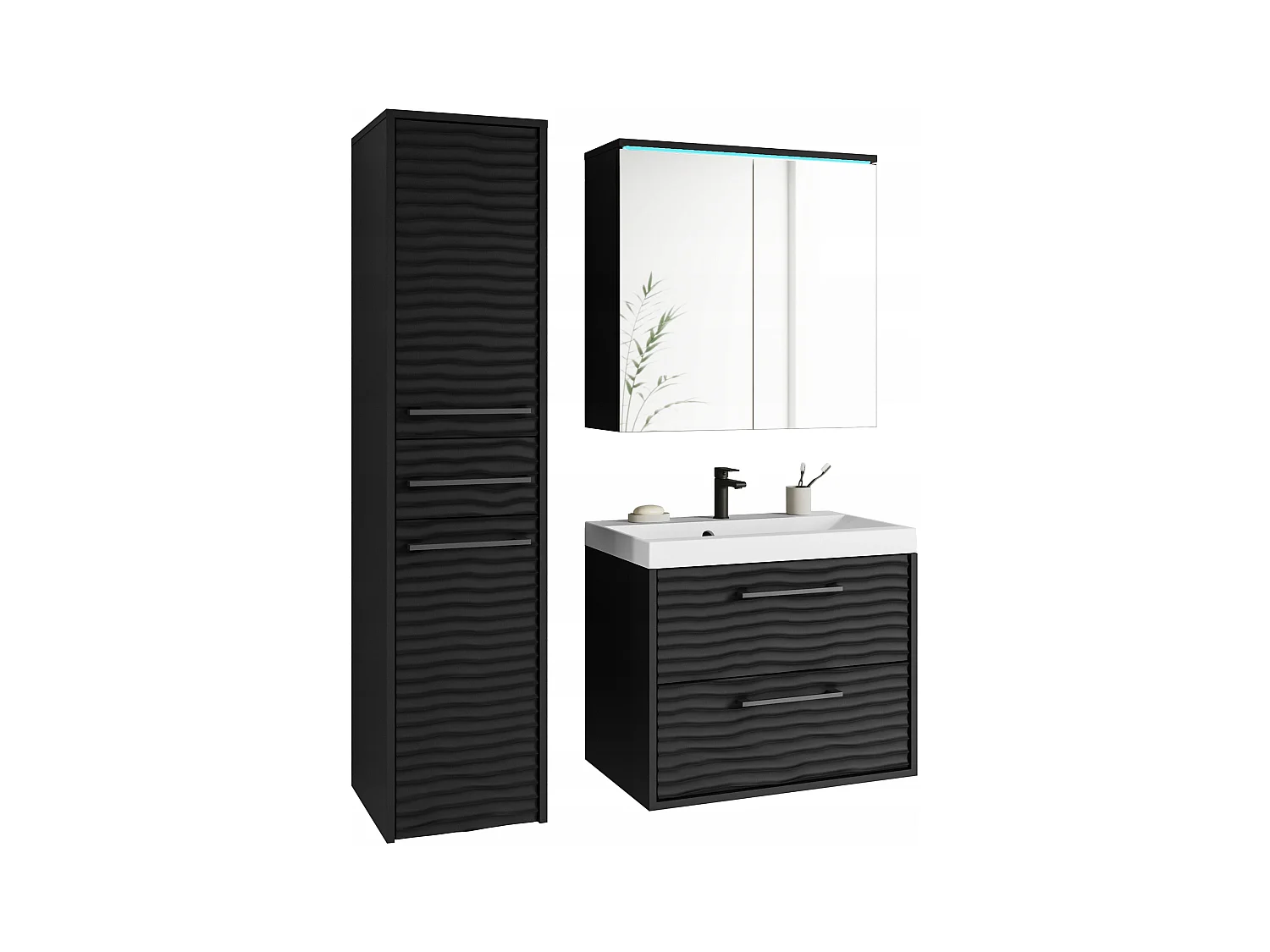 Meubles de salle de bain modernes, ensemble suspendu avec lavabo, miroir et colonne, façades MDF ondulées, noir mat