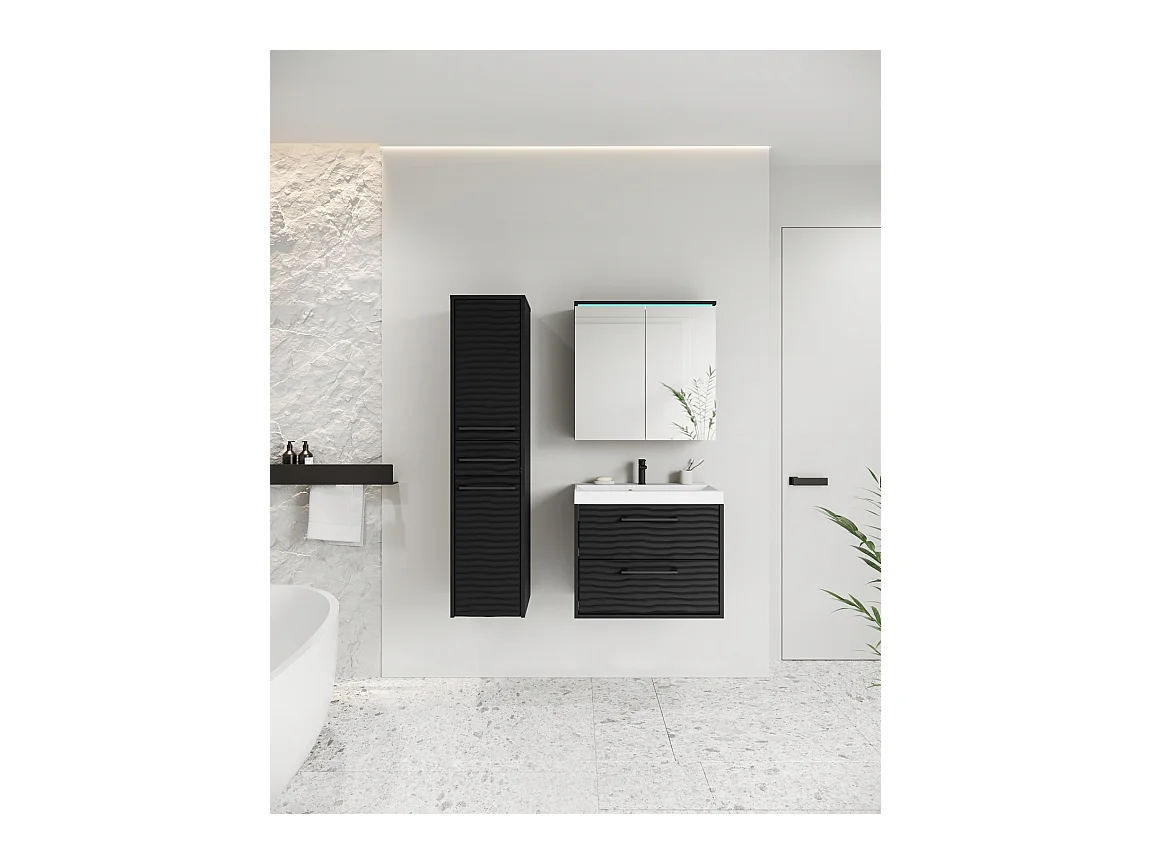 Meubles de salle de bain modernes, ensemble suspendu avec lavabo, miroir et colonne, façades MDF ondulées, noir mat