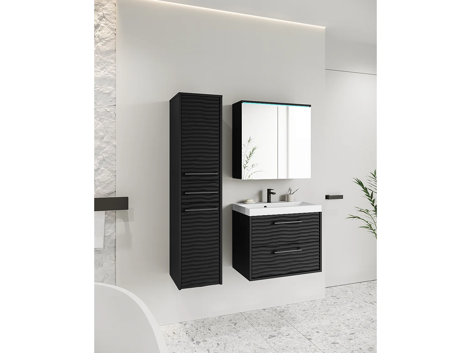 Meubles de salle de bain modernes, ensemble suspendu avec lavabo, miroir et colonne, façades MDF ondulées, noir mat