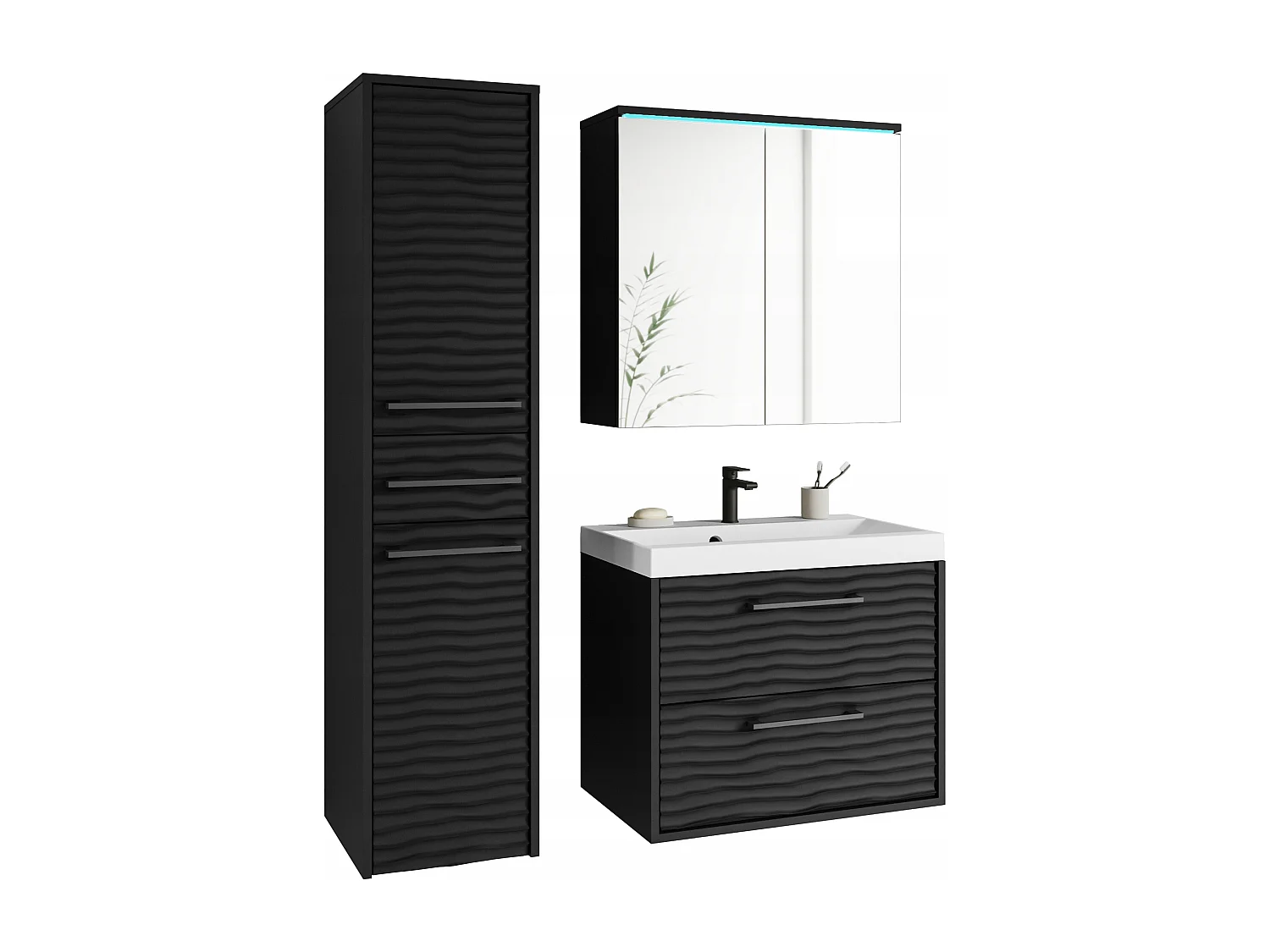 Meubles de salle de bain modernes, ensemble suspendu avec lavabo, miroir et colonne, façades MDF ondulées, noir mat