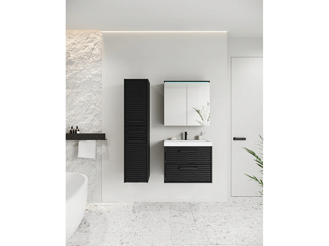 Meubles de salle de bain modernes, ensemble suspendu avec lavabo, miroir et colonne, façades MDF ondulées, noir mat