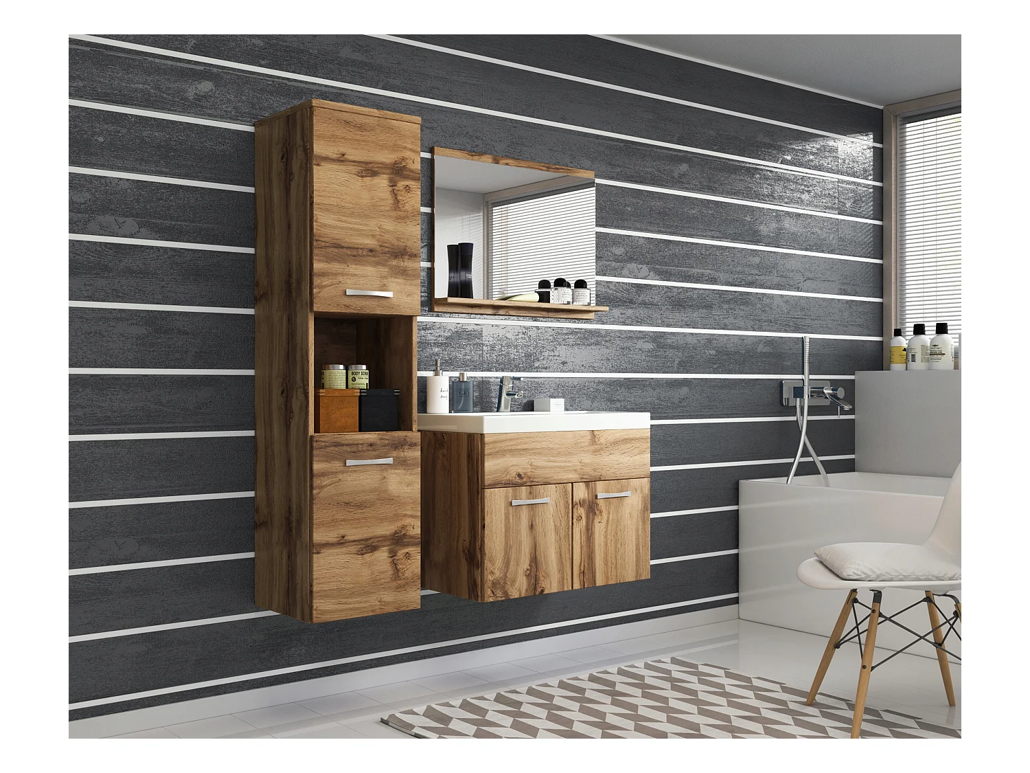 Zestaw mebli łazienkowych, komplet wiszący z umywalką, lustrem i słupkami, wotan mat