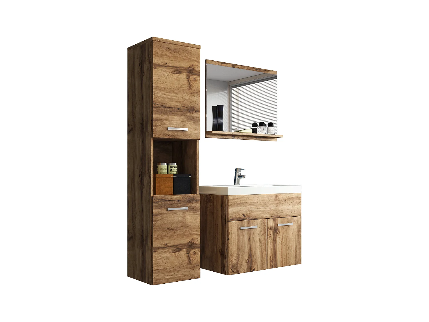 Zestaw mebli łazienkowych, komplet wiszący z umywalką, lustrem i słupkami, wotan mat