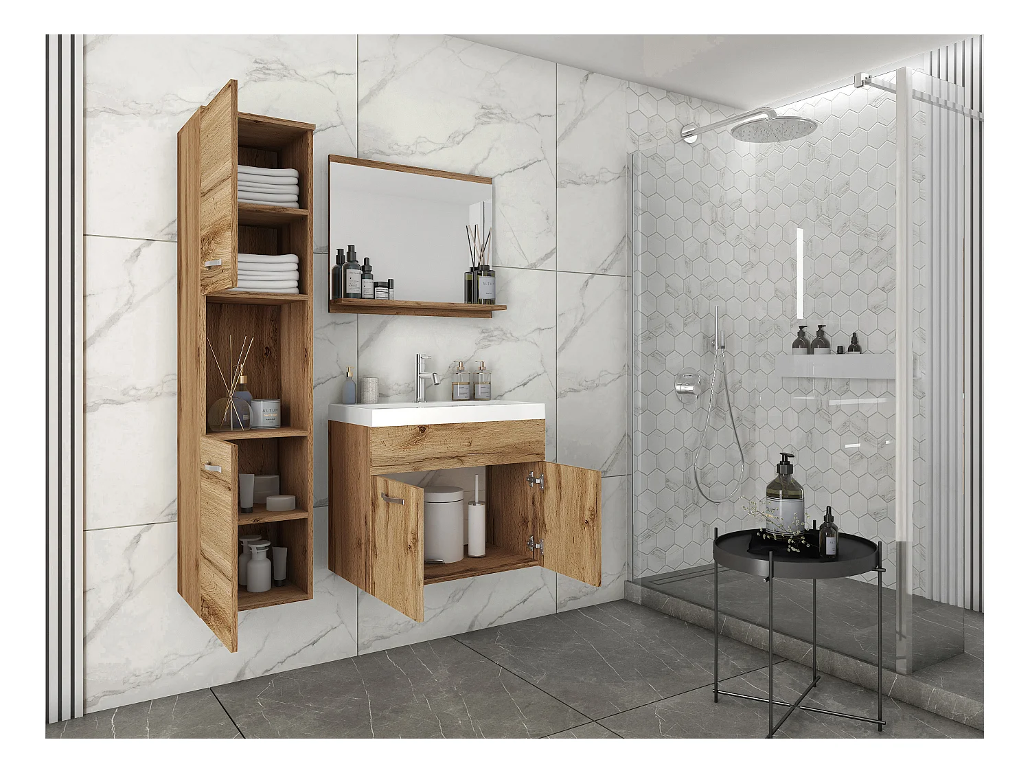 Zestaw mebli łazienkowych, komplet wiszący z umywalką, lustrem i słupkami, wotan mat