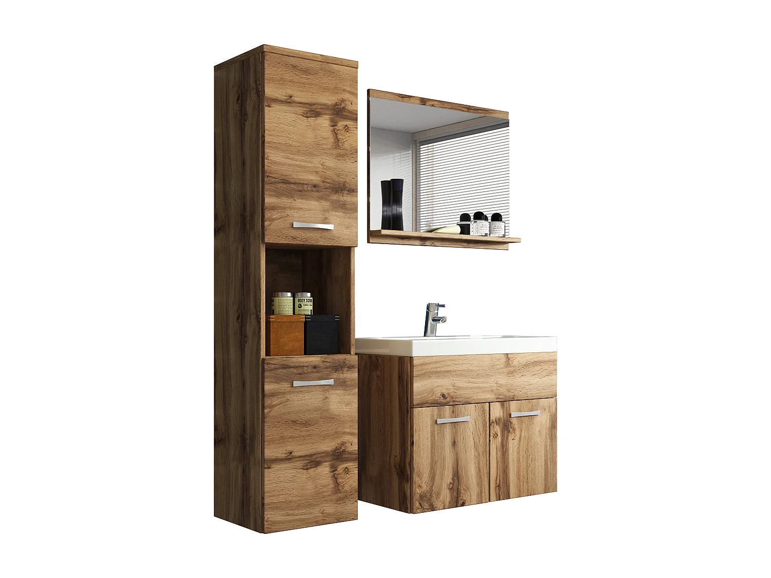 Ensemble de salle de bain suspendu avec lavabo, miroir et colonnes, wotan mat
