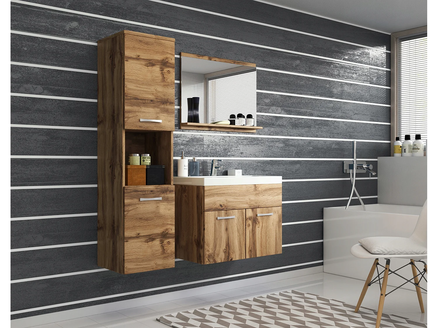 Ensemble de salle de bain suspendu avec lavabo, miroir et colonnes, wotan mat