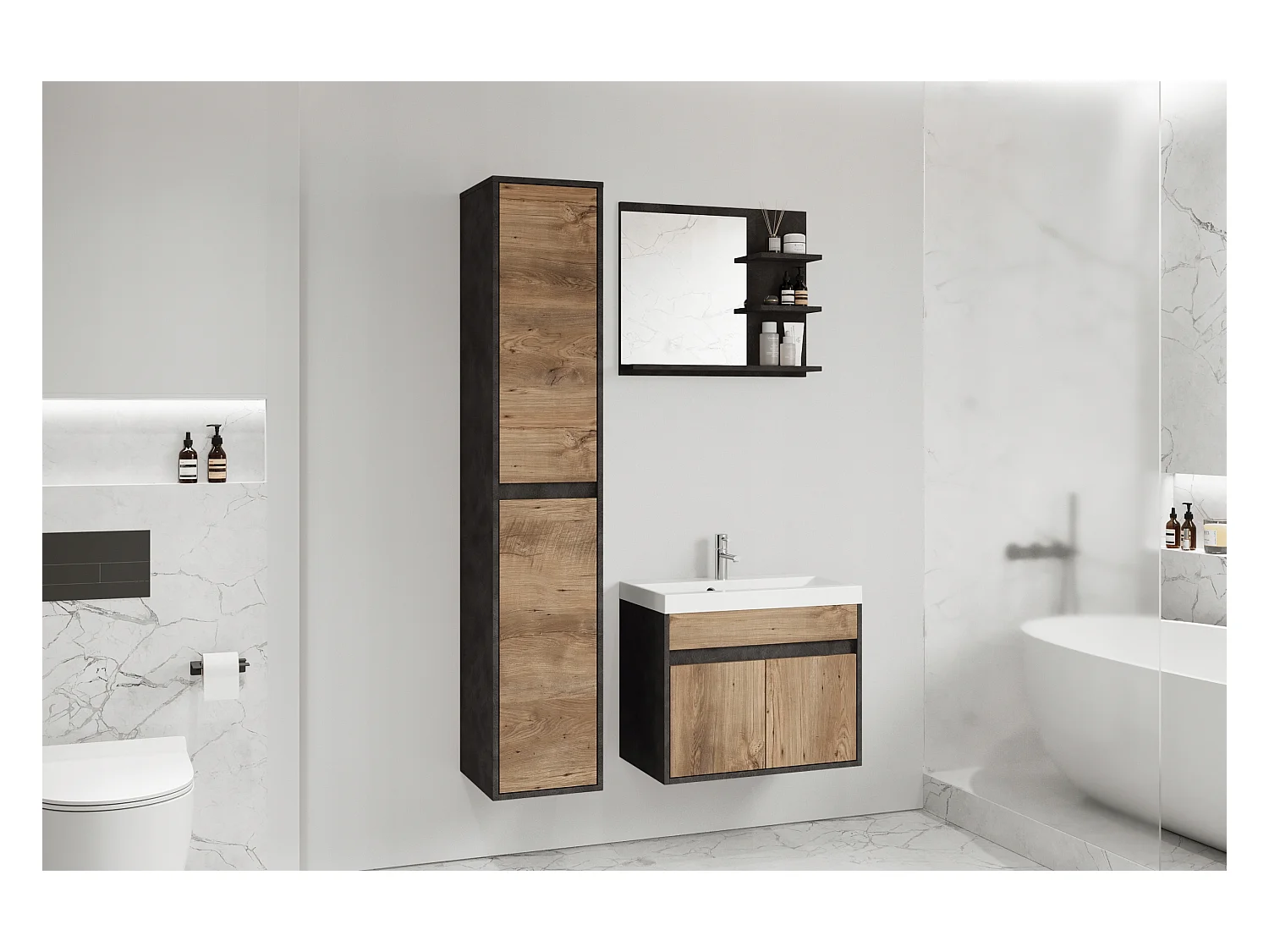Nowoczesny zestaw mebli łazienkowych 3 elementy – szafka z umywalką, słupek, lustro matera/kasztan mat