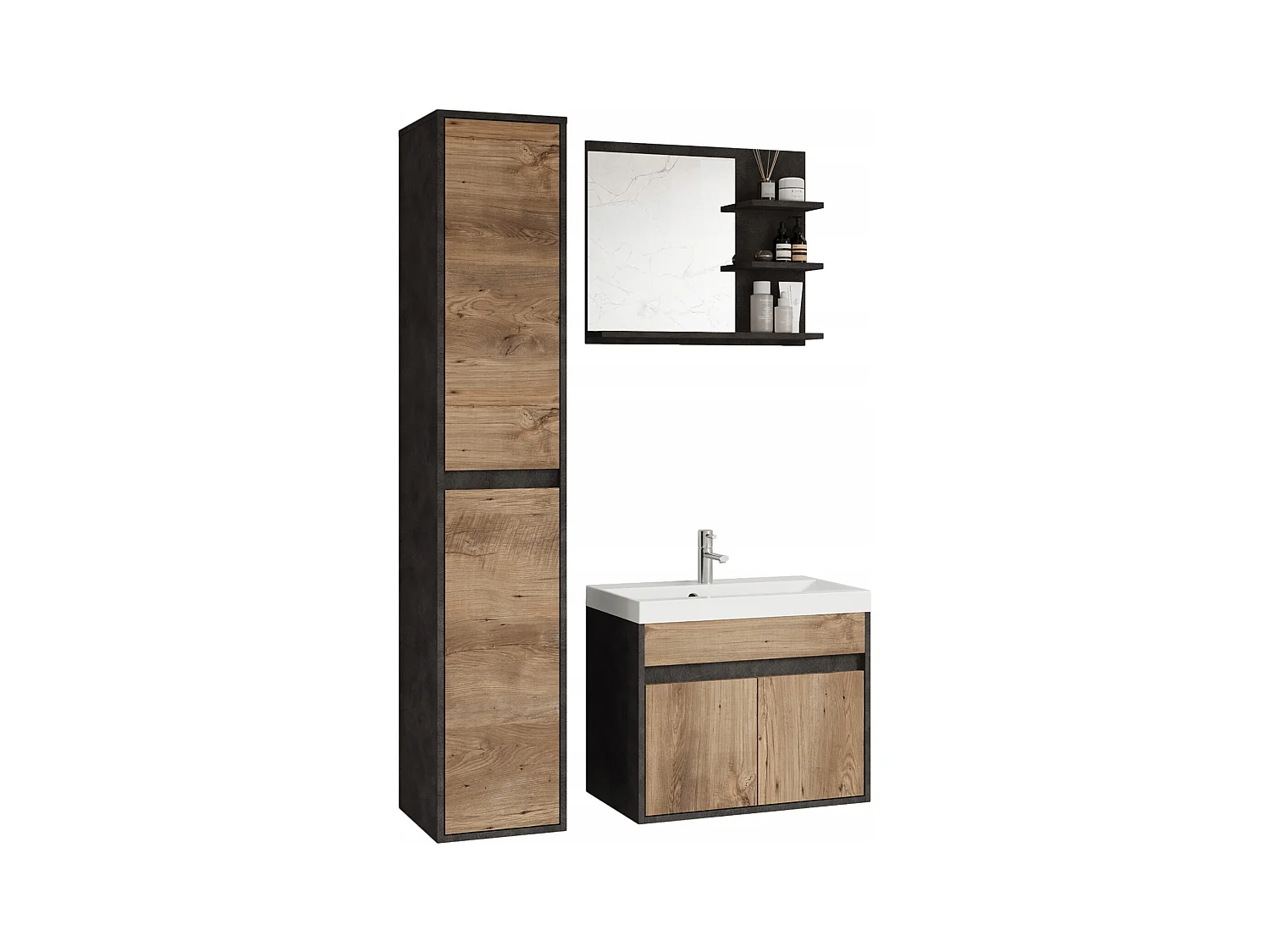 Nowoczesny zestaw mebli łazienkowych 3 elementy – szafka z umywalką, słupek, lustro matera/kasztan mat