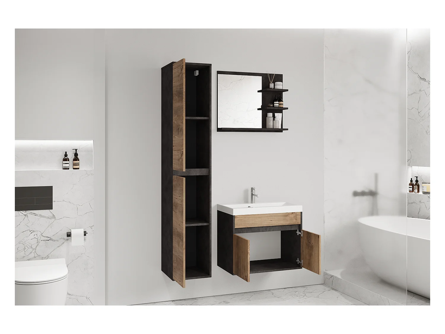 Nowoczesny zestaw mebli łazienkowych 3 elementy – szafka z umywalką, słupek, lustro matera/kasztan mat