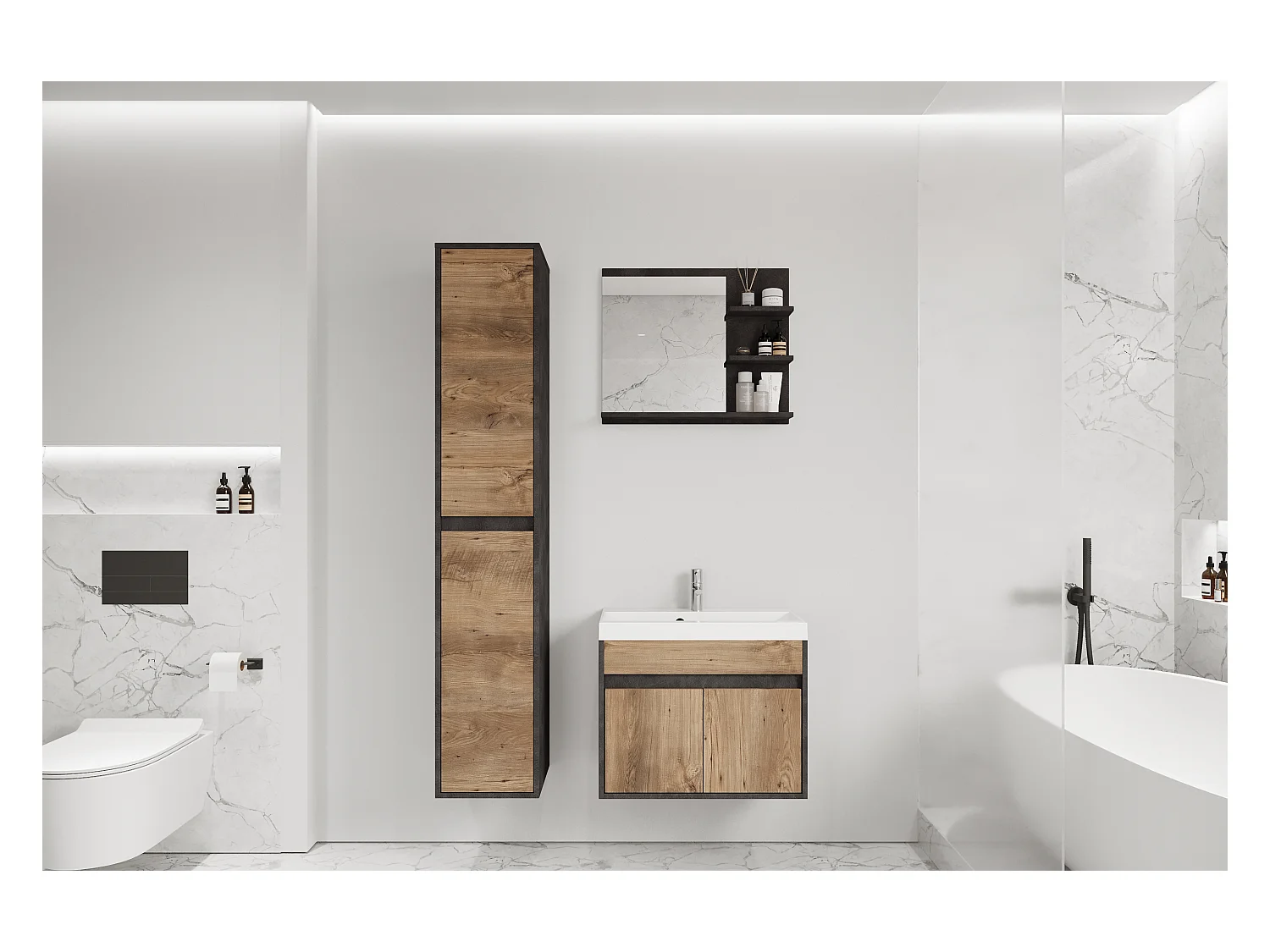 Nowoczesny zestaw mebli łazienkowych 3 elementy – szafka z umywalką, słupek, lustro matera/kasztan mat