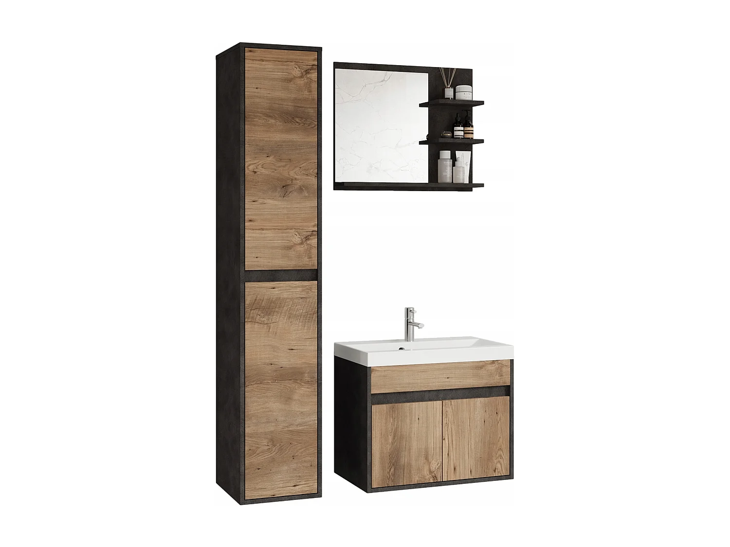 Nowoczesny zestaw mebli łazienkowych 3 elementy – szafka z umywalką, słupek, lustro matera/kasztan mat