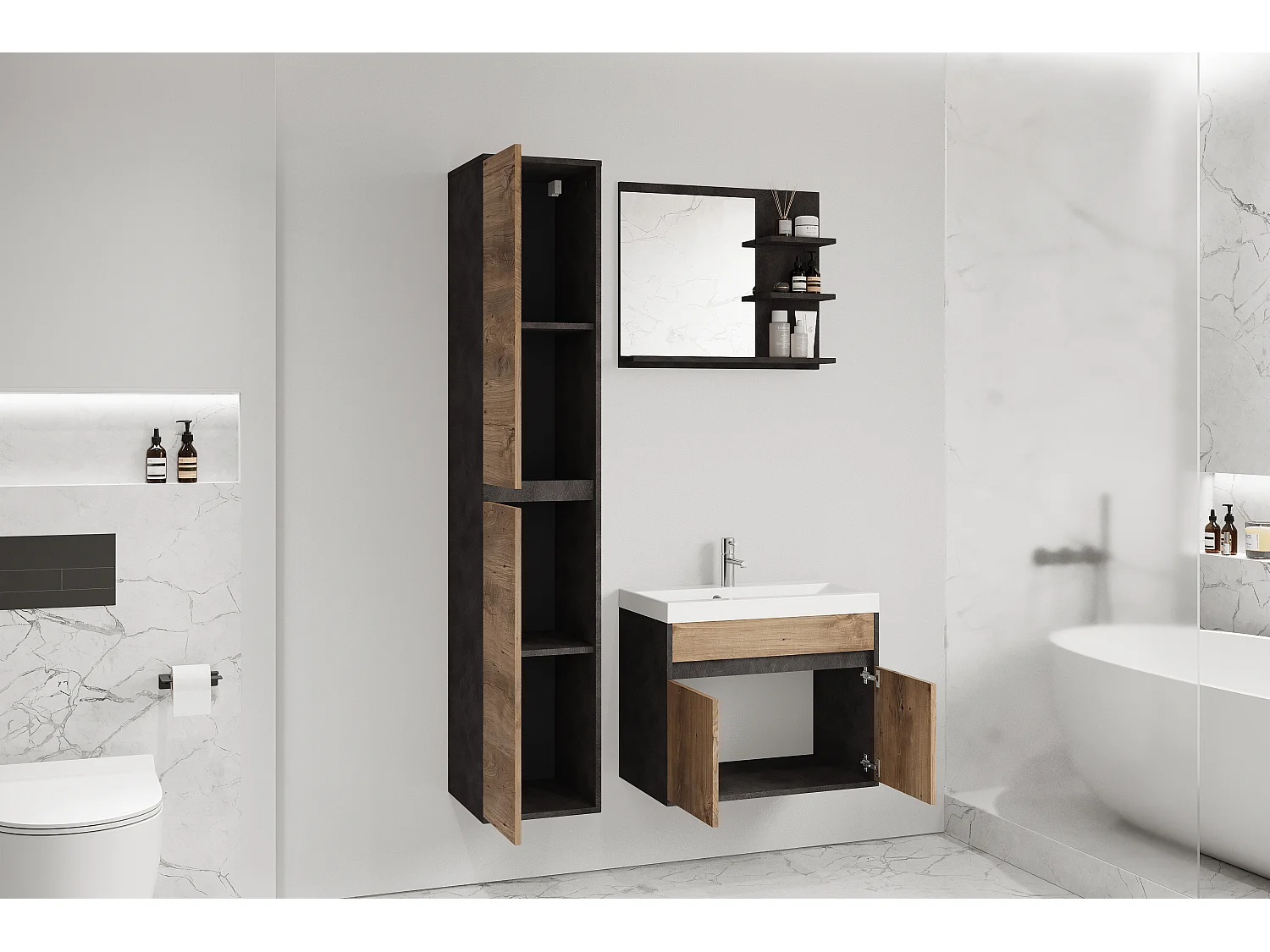 Nowoczesny zestaw mebli łazienkowych 3 elementy – szafka z umywalką, słupek, lustro matera/kasztan mat