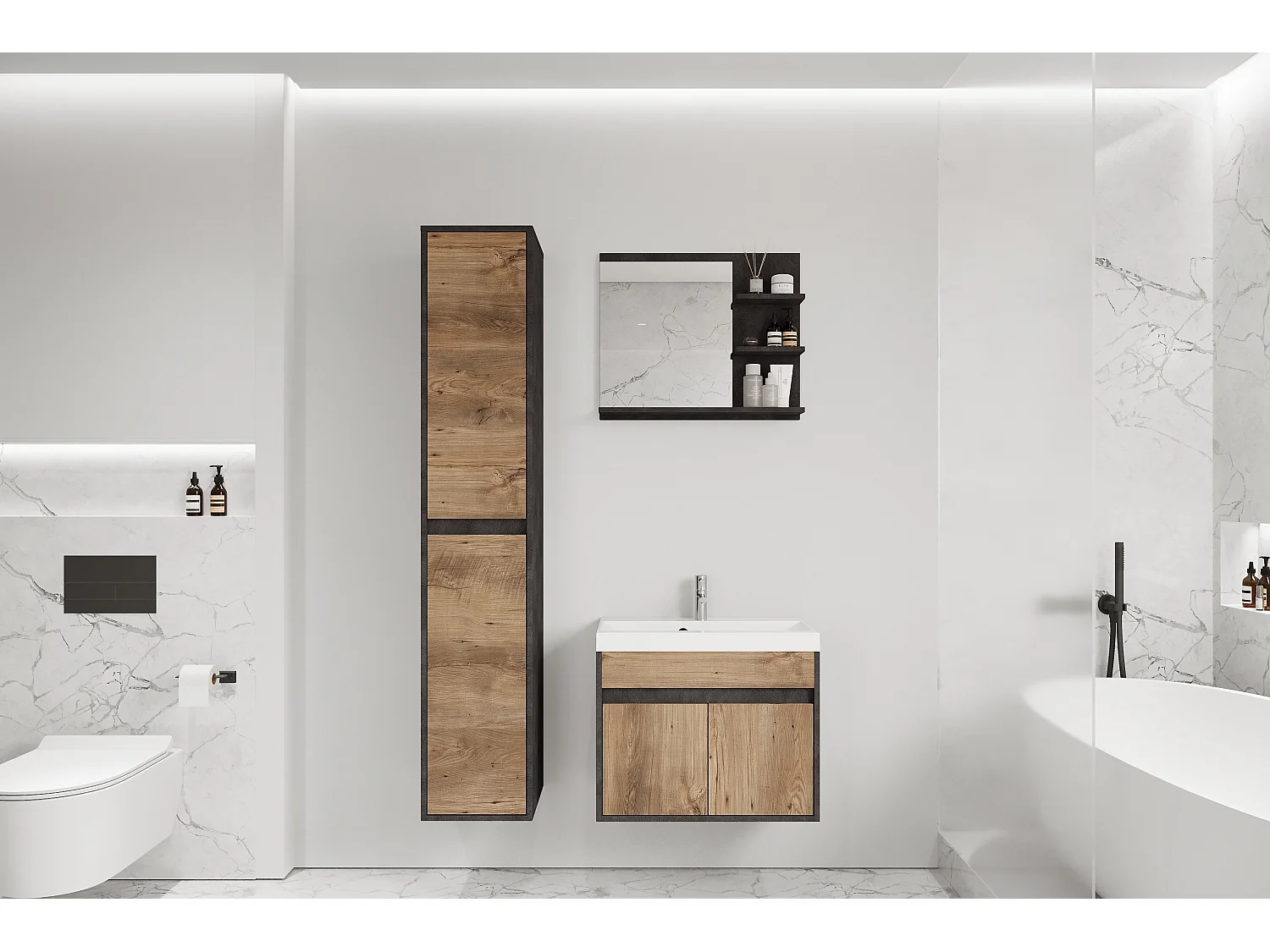 Nowoczesny zestaw mebli łazienkowych 3 elementy – szafka z umywalką, słupek, lustro matera/kasztan mat