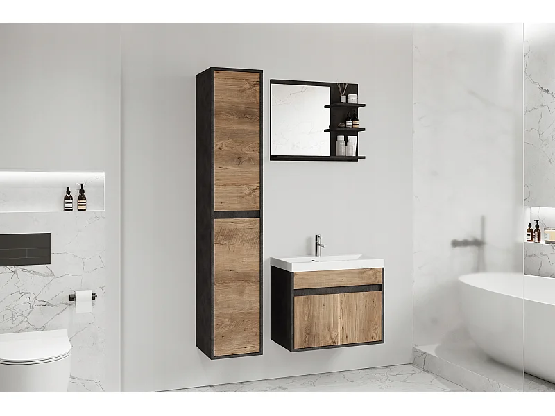 Conjunto moderno de muebles de baño 3 piezas – mueble con lavabo, columna, espejo matera/castaño mate
