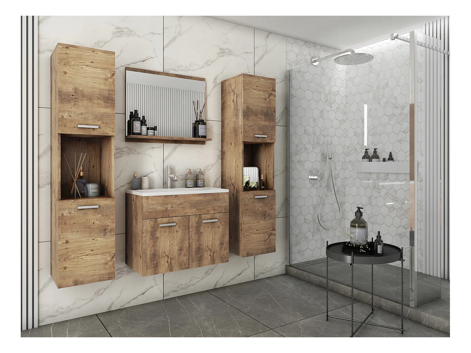 Zestaw mebli łazienkowych, komplet wiszący z umywalką, lustrem i 2 słupkami, kasztan mat