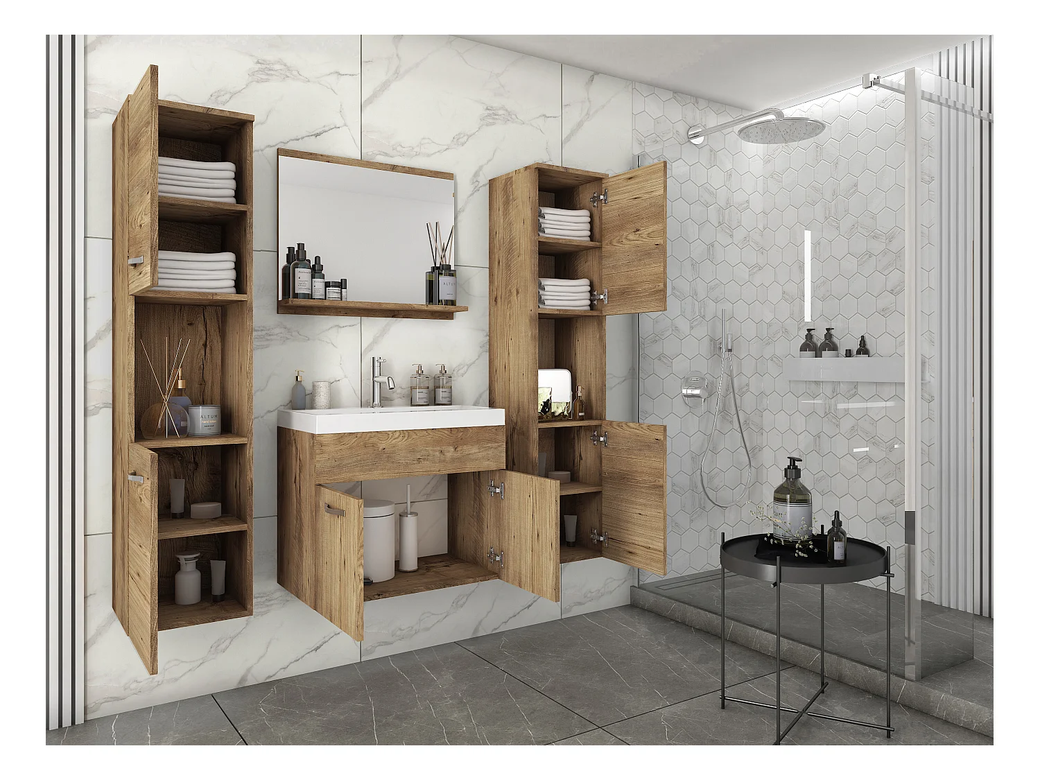 Zestaw mebli łazienkowych, komplet wiszący z umywalką, lustrem i 2 słupkami, kasztan mat