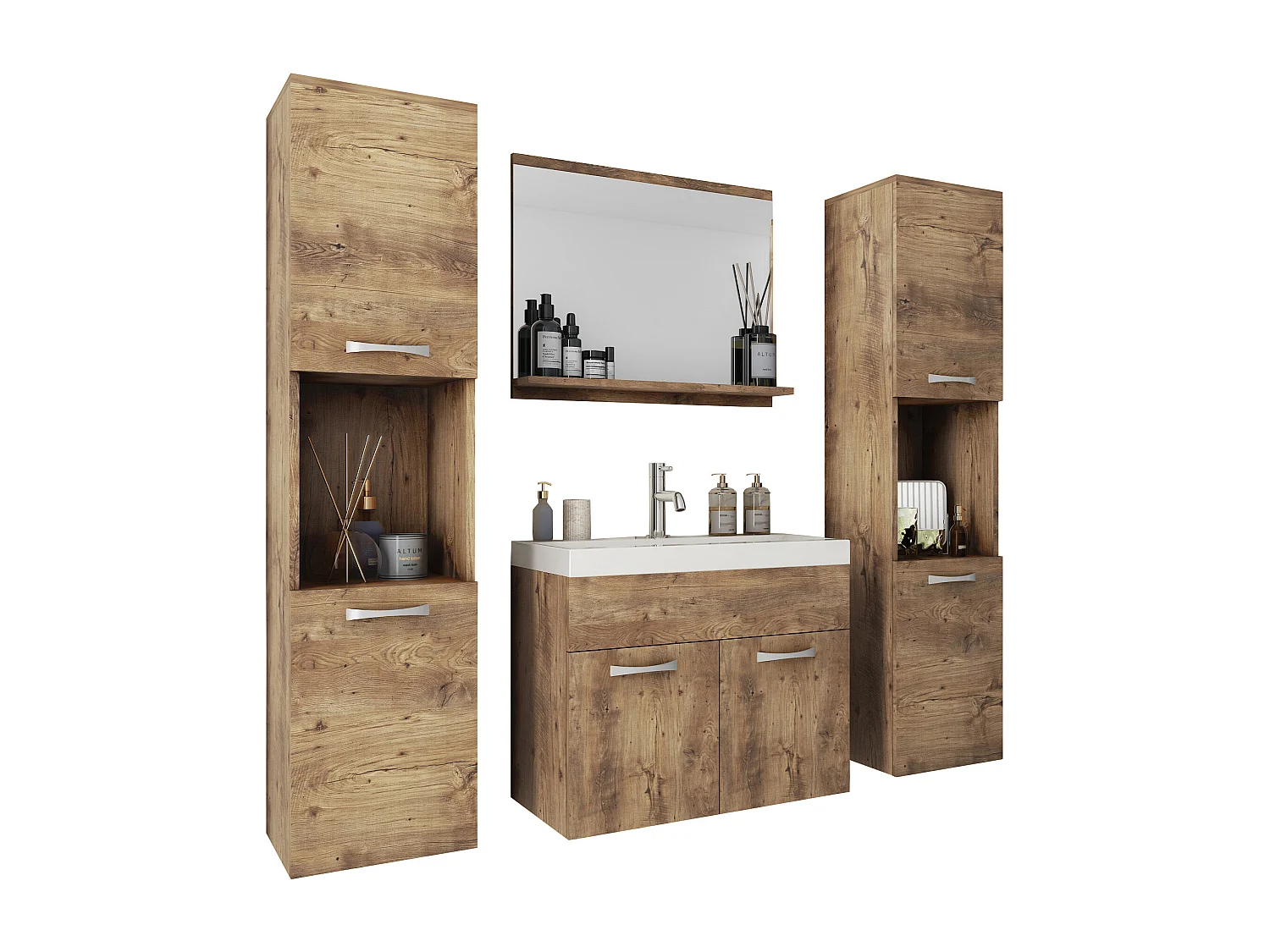 Badkamerset hangend met wastafel, spiegel en 2 kolomkasten, kastanje mat