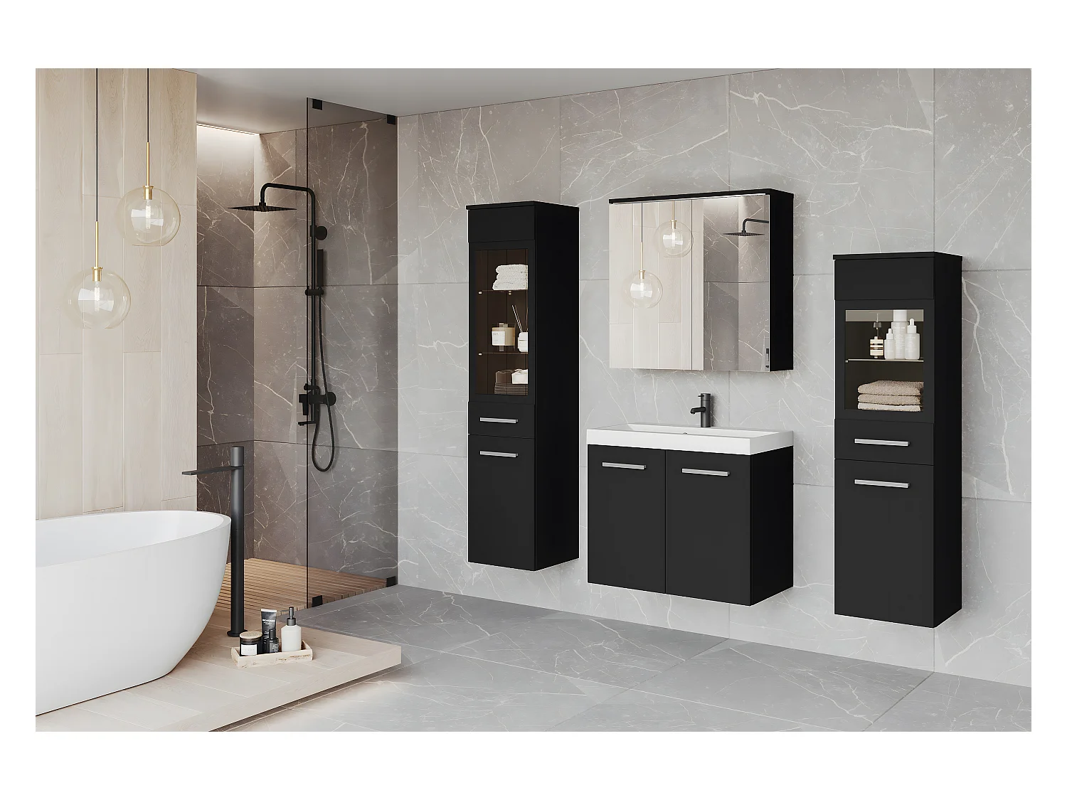 Badkamer set hangend met wastafel, 2 kolomkasten en spiegelkast, zwart grafiet mat