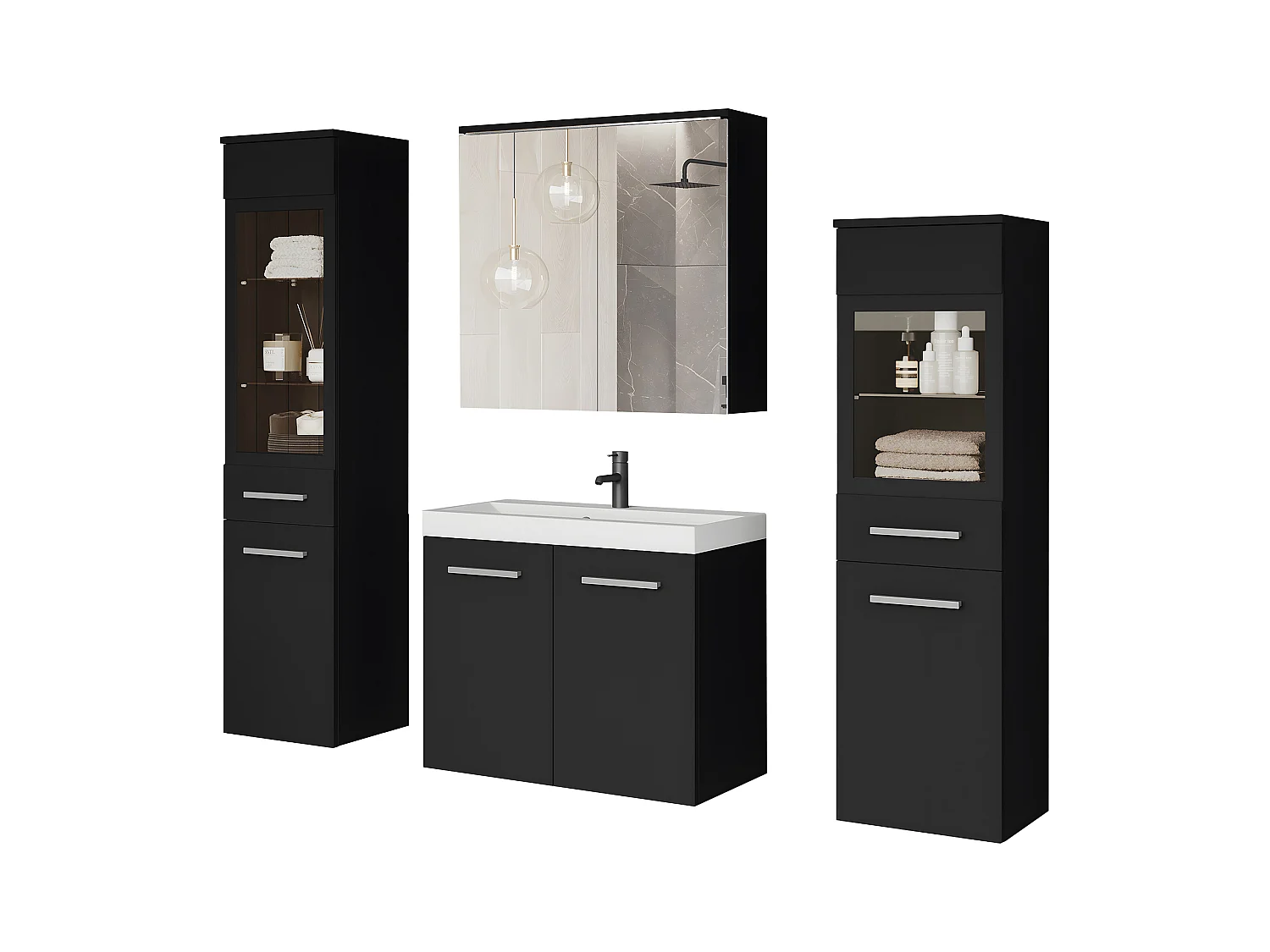 Badkamer set hangend met wastafel, 2 kolomkasten en spiegelkast, zwart grafiet mat
