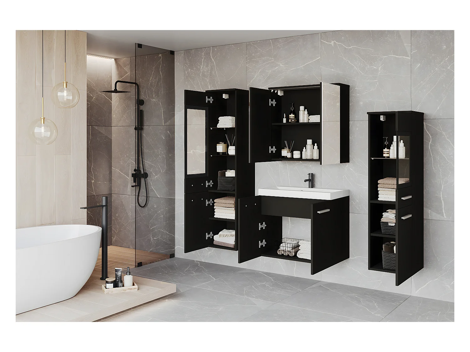 Badkamer set hangend met wastafel, 2 kolomkasten en spiegelkast, zwart grafiet mat