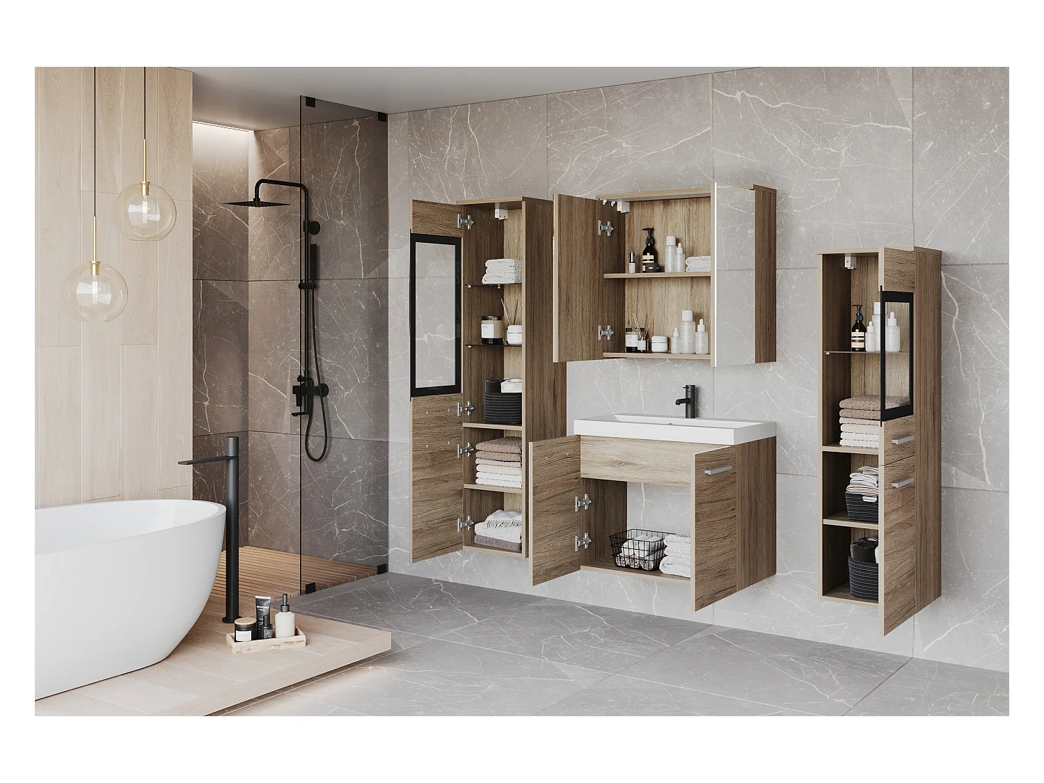 Ensemble de salle de bain suspendu avec lavabo, 2 colonnes et armoire miroir, san remo mat