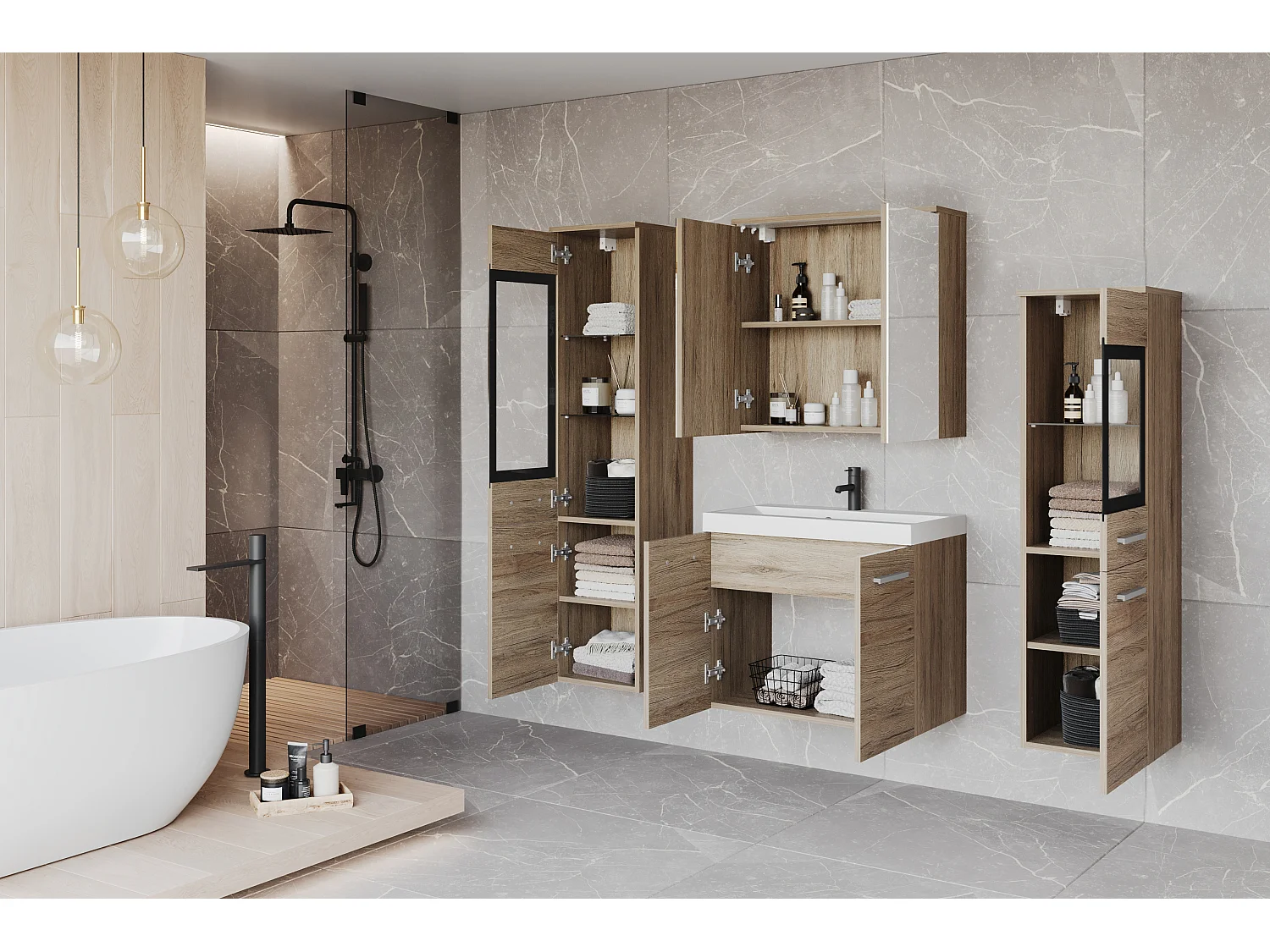 Ensemble de salle de bain suspendu avec lavabo, 2 colonnes et armoire miroir, san remo mat