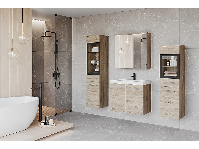 Ensemble de salle de bain suspendu avec lavabo, 2 colonnes et armoire miroir, san remo mat