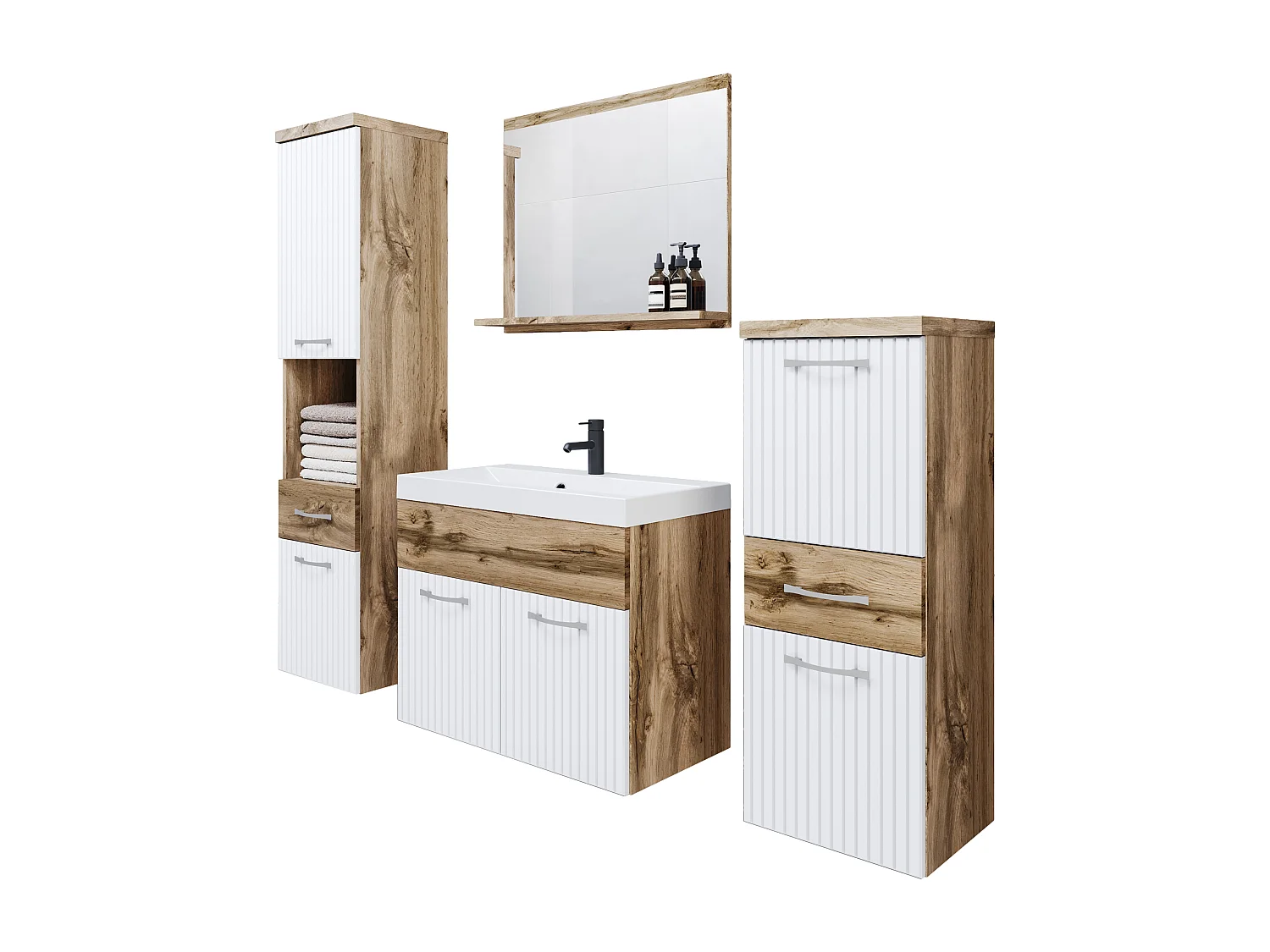 Meubles de salle de bain modernes, ensemble suspendu avec lavabo, miroir et colonnes, corps mat / façades MDF rainurées