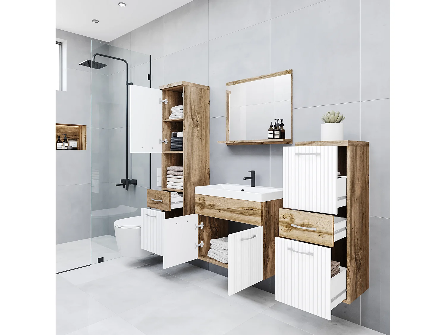 Badezimmermöbel-Set ALBA, hängendes Badmöbel-Set, inklusive Waschbecken, Farbe Wotan/Weiß gewellt