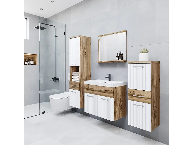 Moderne badkamermeubels, hangende set met wastafel, spiegel en kolomkasten, mat corpus / gefreesde MDF-fronten