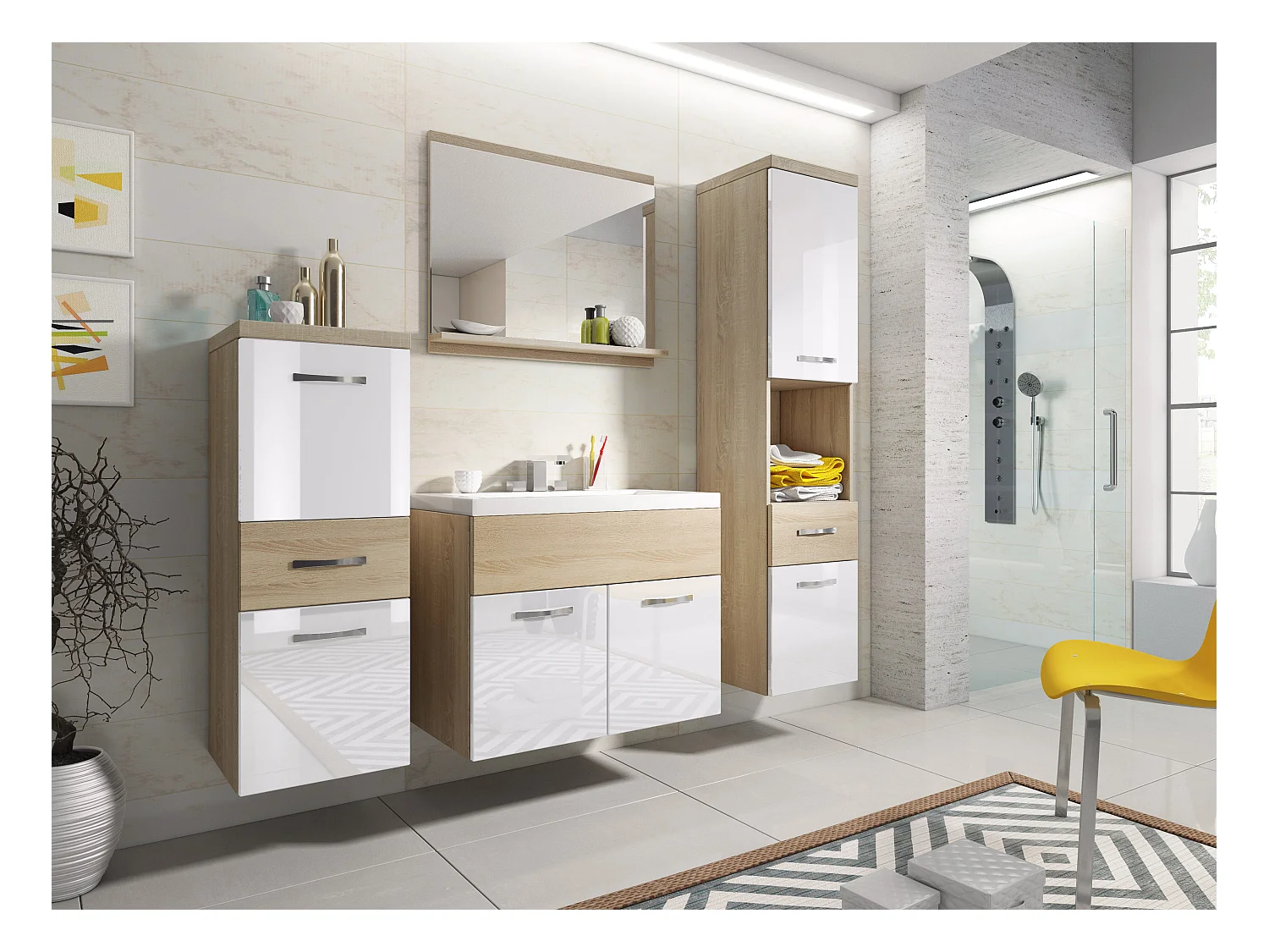 Meubles de salle de bain modernes, ensemble suspendu avec lavabo, miroir et colonnes, corps chêne sonoma mat / façades blanc brillant