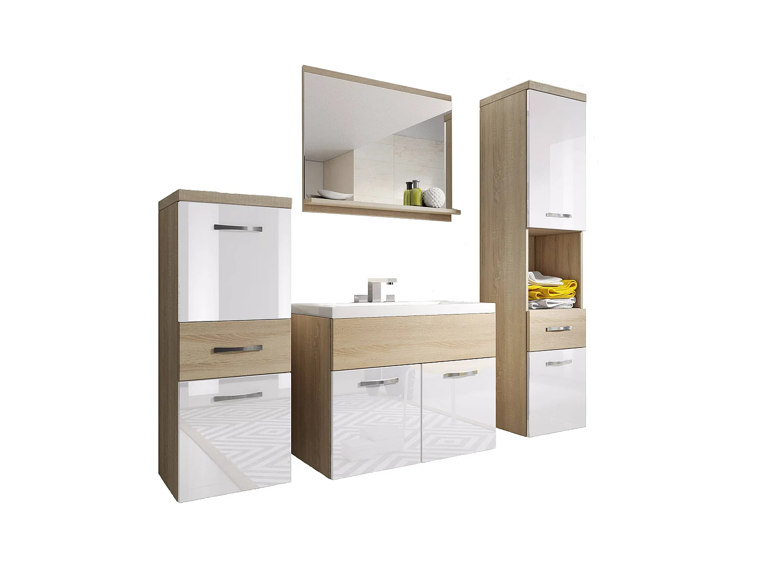 Meubles de salle de bain modernes, ensemble suspendu avec lavabo, miroir et colonnes, corps chêne sonoma mat / façades blanc brillant