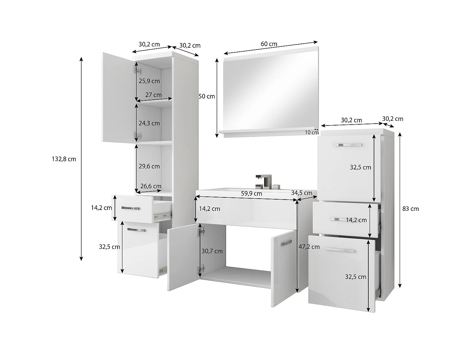 Meubles de salle de bain modernes, ensemble suspendu avec lavabo, miroir et colonnes, corps chêne sonoma mat / façades blanc brillant