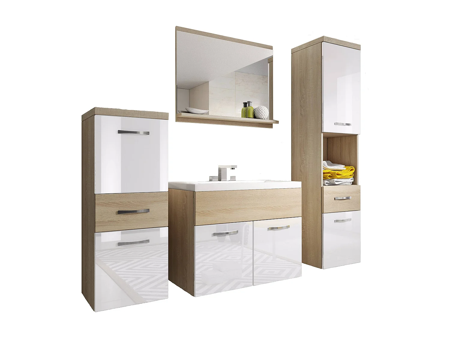 Meubles de salle de bain modernes, ensemble suspendu avec lavabo, miroir et colonnes, corps chêne sonoma mat / façades blanc brillant
