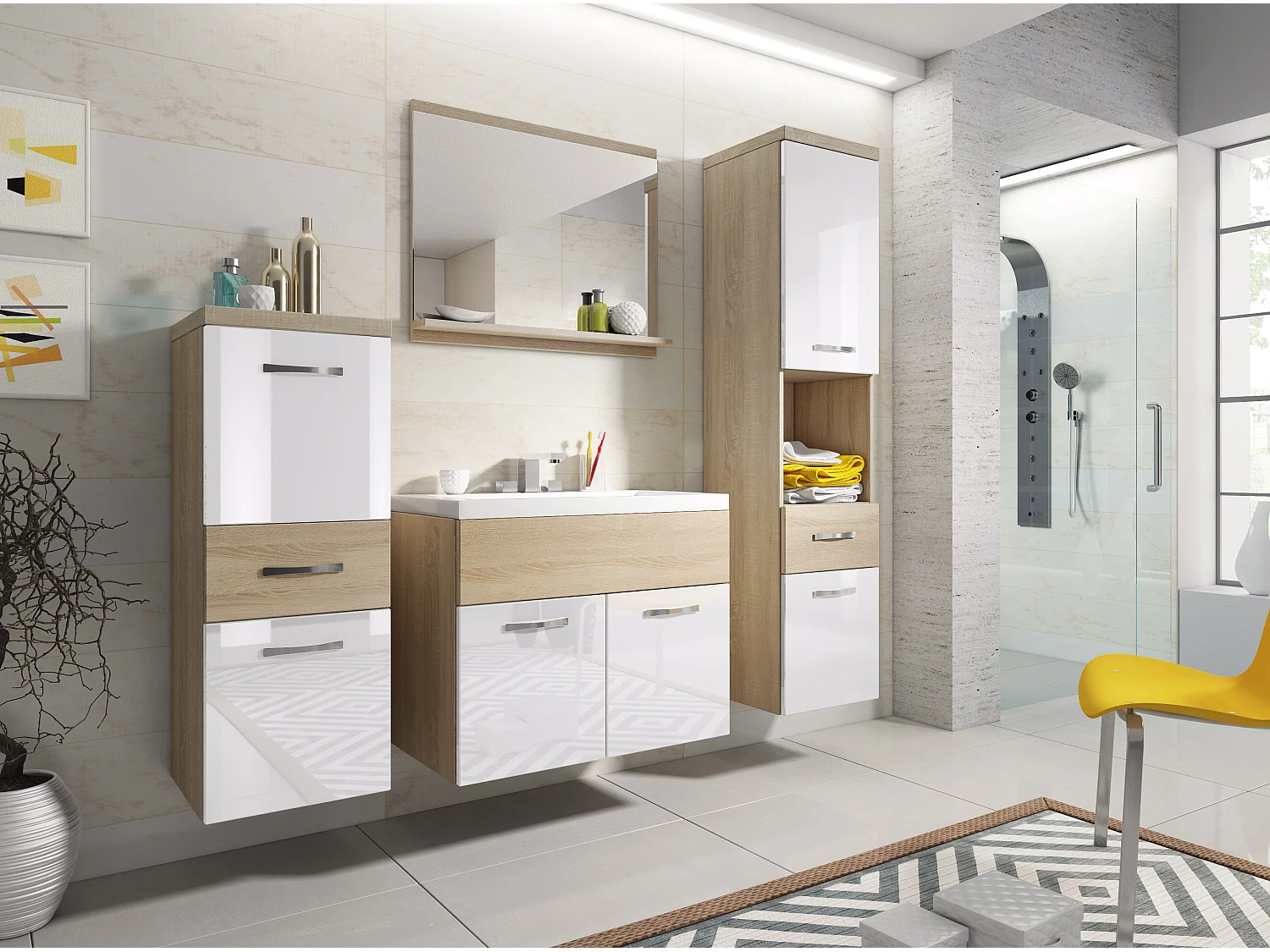 Muebles de baño modernos, conjunto suspendido con lavabo, espejo y columnas, cuerpo roble sonoma mate / frentes blanco brillo