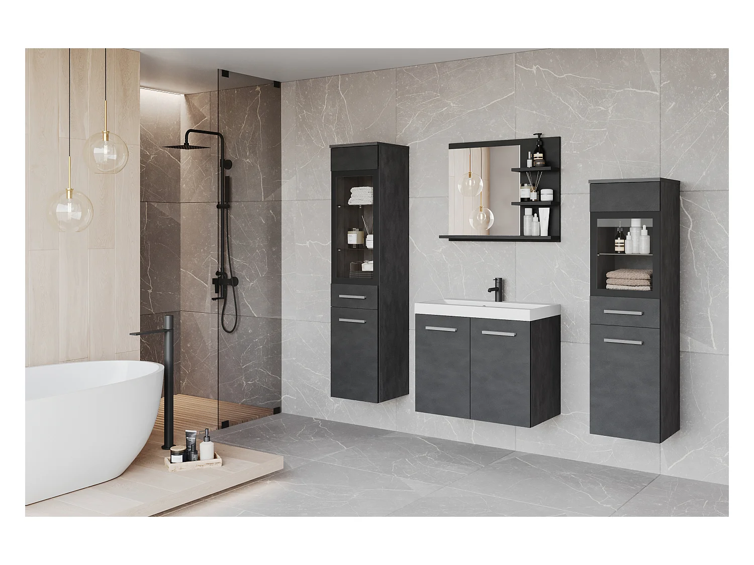 Ensemble de salle de bain, meubles suspendus avec lavabo, 2 colonnes et miroir avec étagères, matera mat